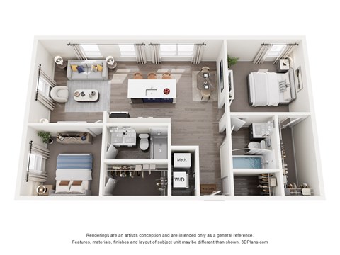 Floor plan for 2 beds, 2 baths, 1267 sqft